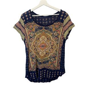 Lucky Brand Blouse Women's Size L Blue Beige Short Sleeve Casual Artsy Aztec